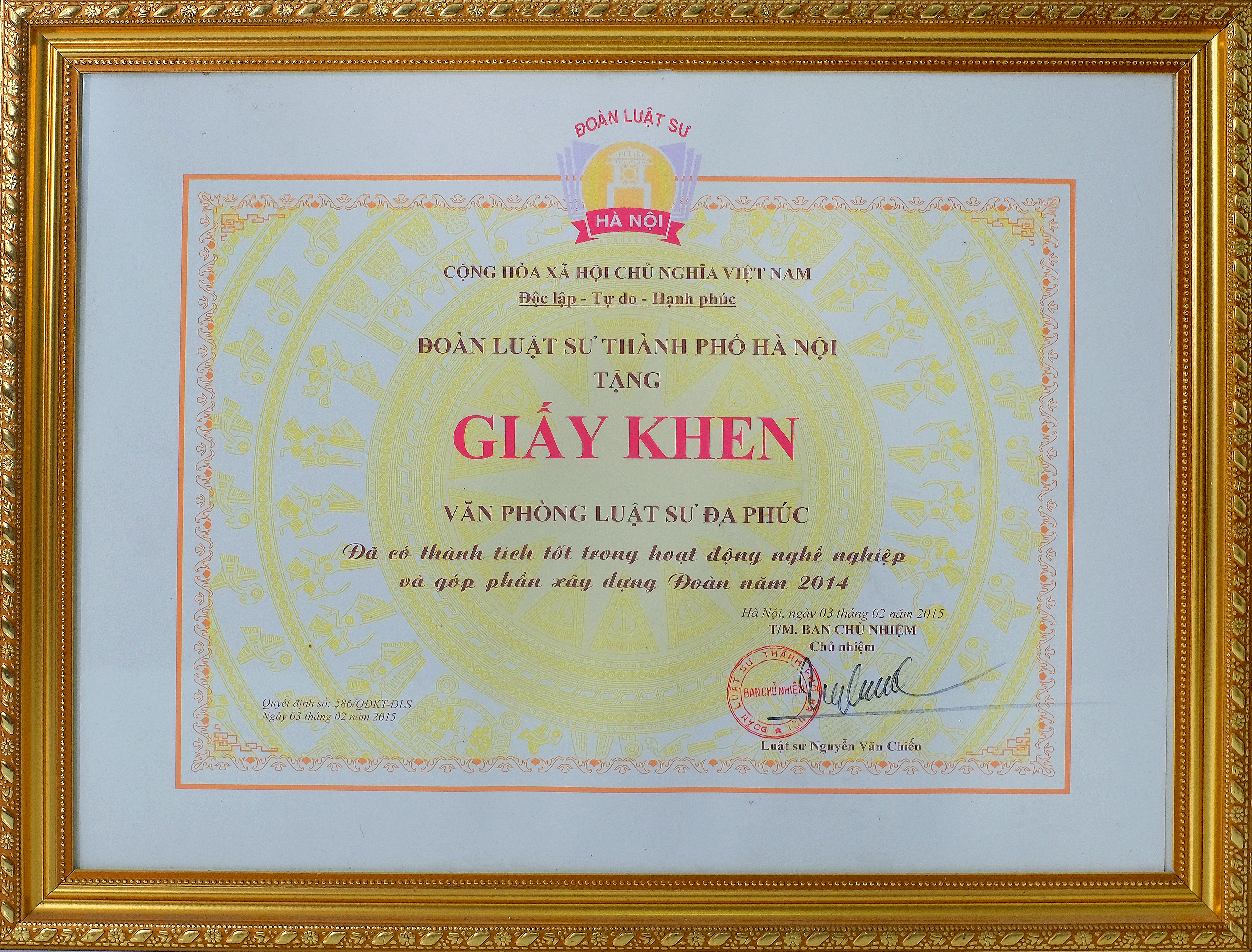 Giấy khen của Đoàn Luật sư TP Hà Nội năm 2015